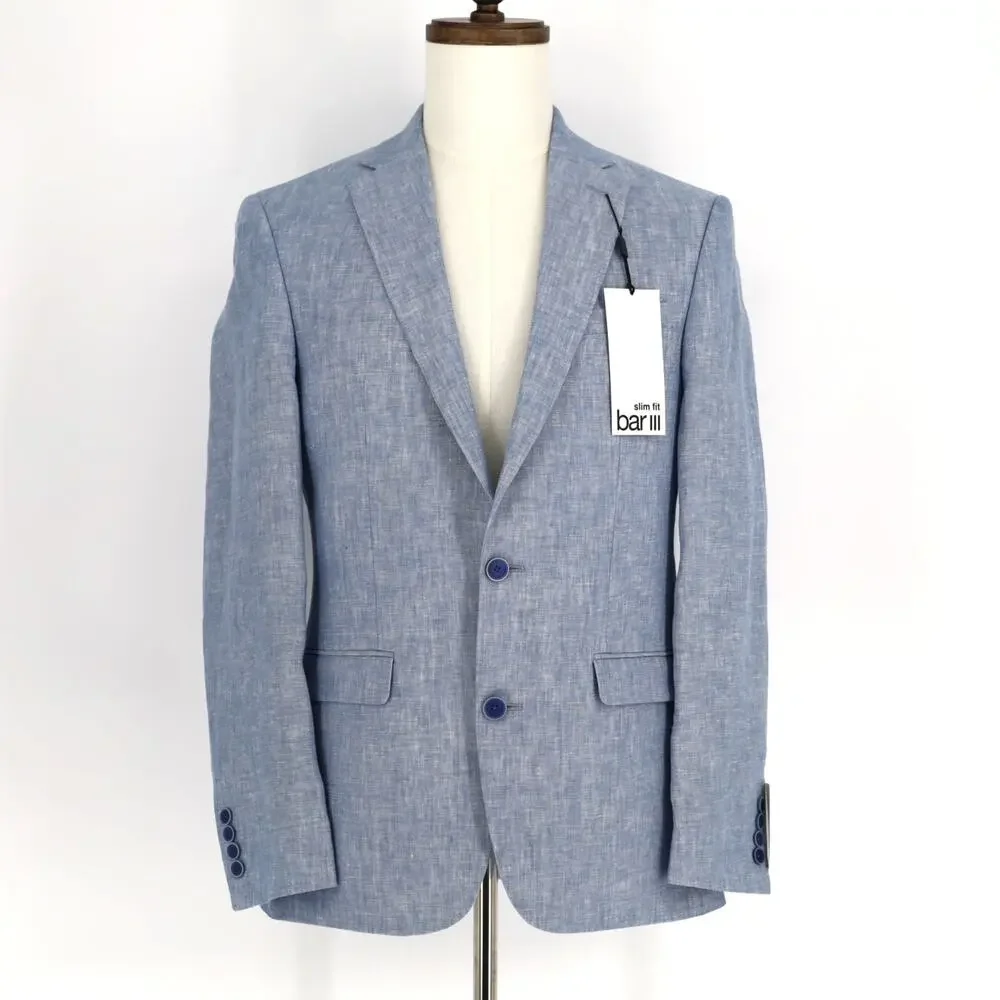 Bar III Men's Light Blue Linen Summer Casual Slim Formal Suit Jacket Size 36R